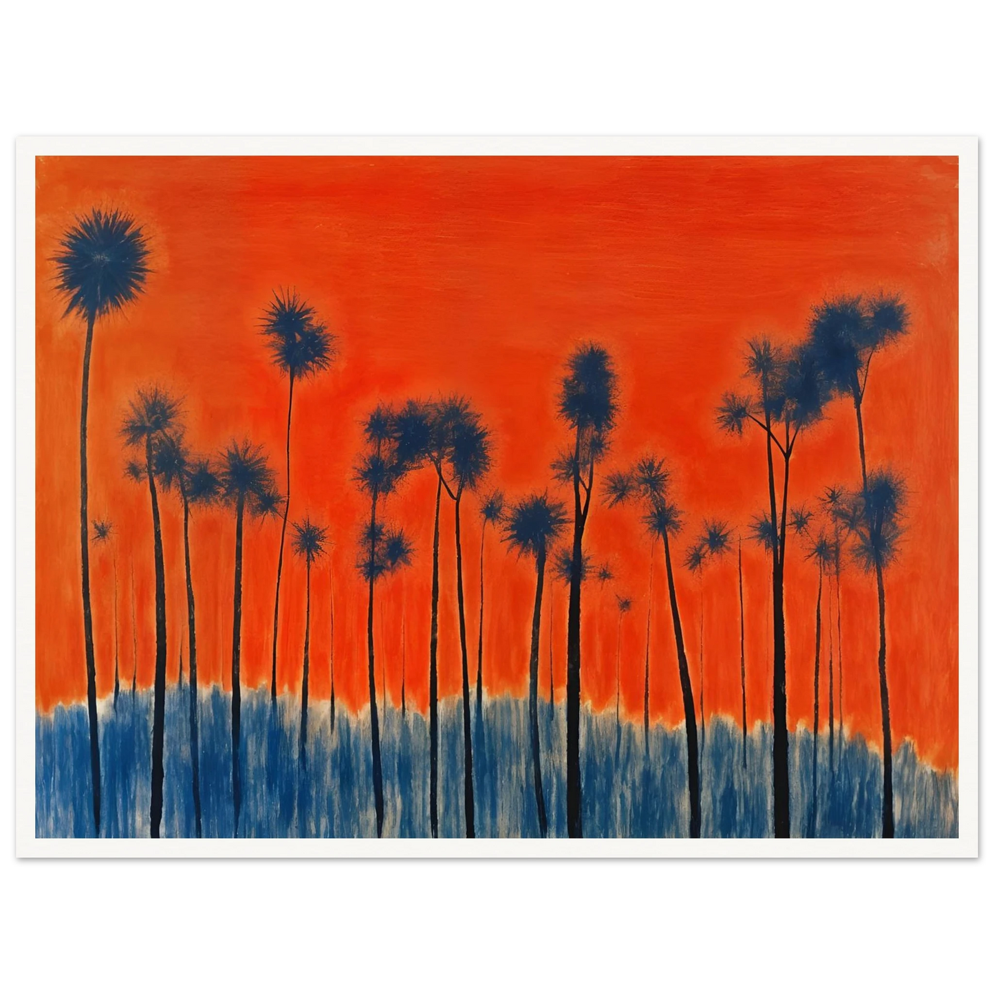 Dark silhouettes of tall palm-like trees rise against a vivid orange-red sky with deep blue ground tones, radiating intense warmth.