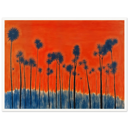 Dark silhouettes of tall palm-like trees rise against a vivid orange-red sky with deep blue ground tones, radiating intense warmth.