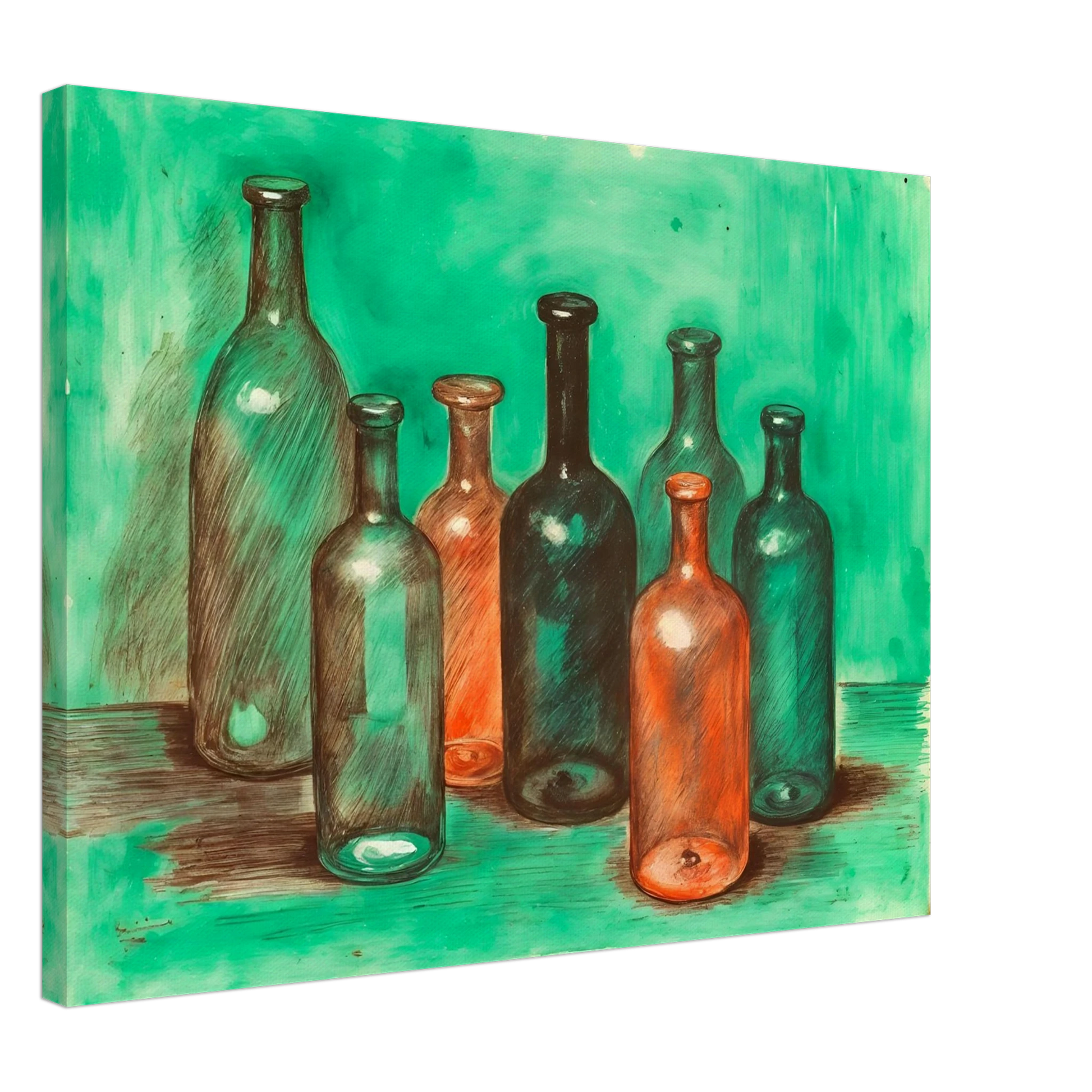 A collection of teal, amber, and smoky glass bottles stands together against a luminous green backdrop, blending stillness with vintage charm.