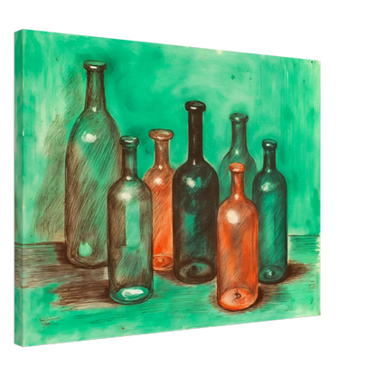 A collection of teal, amber, and smoky glass bottles stands together against a luminous green backdrop, blending stillness with vintage charm.