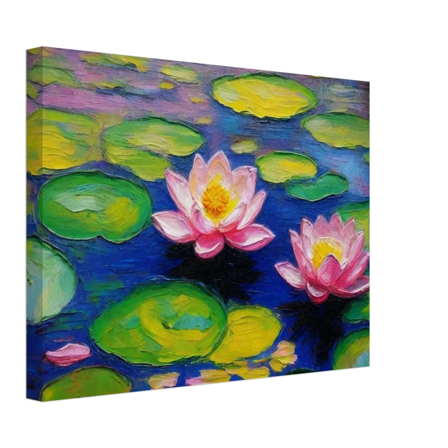 A vibrant painting of two pink water lilies floating among green lily pads on a serene blue pond.