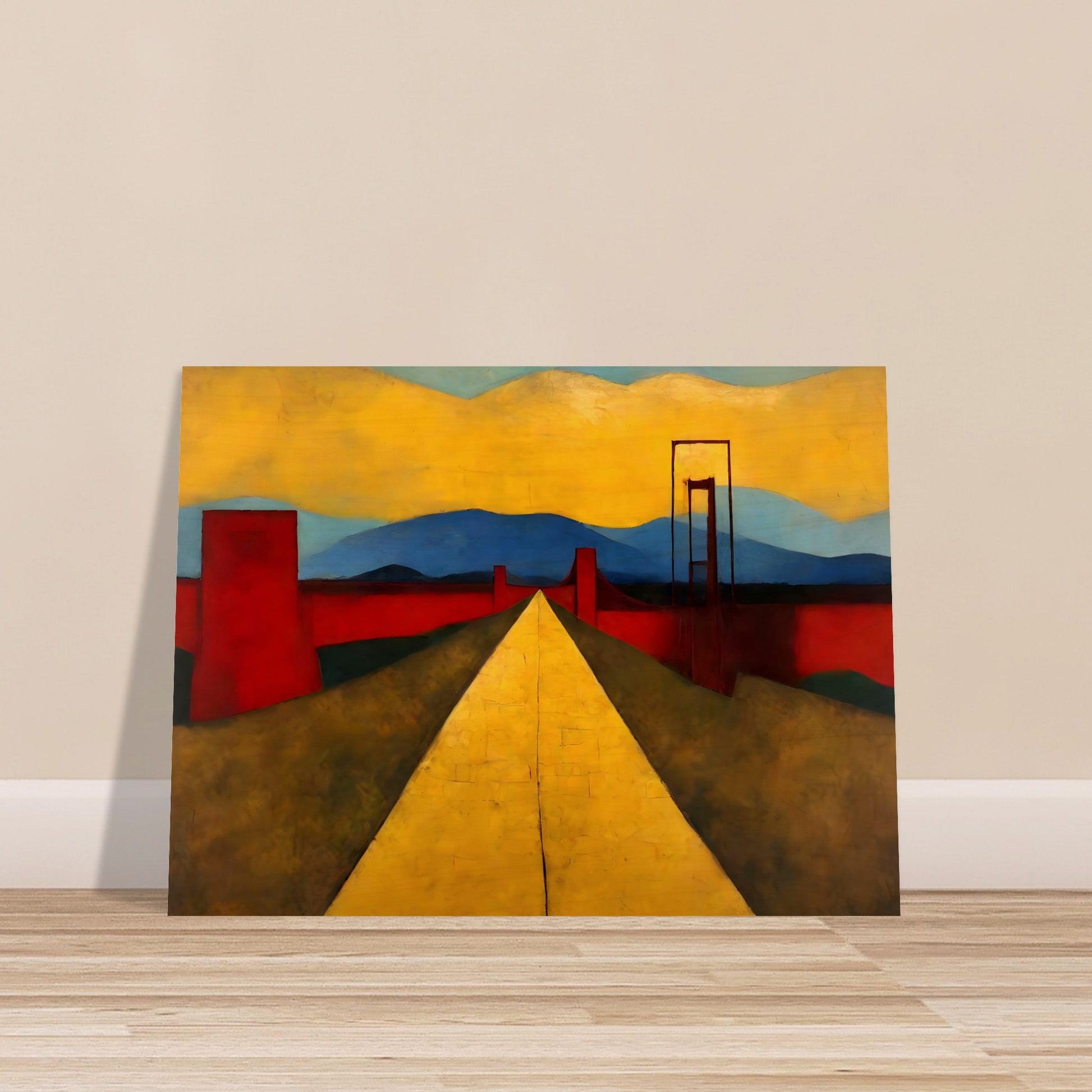 Modern artwork of a bright yellow road stretching into the distance, bordered by red structures, with blue mountains and golden skies in the background.