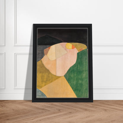 An abstract landscape of overlapping shapes in green, ochre, and pink under a dark night sky with a soft yellow moon.