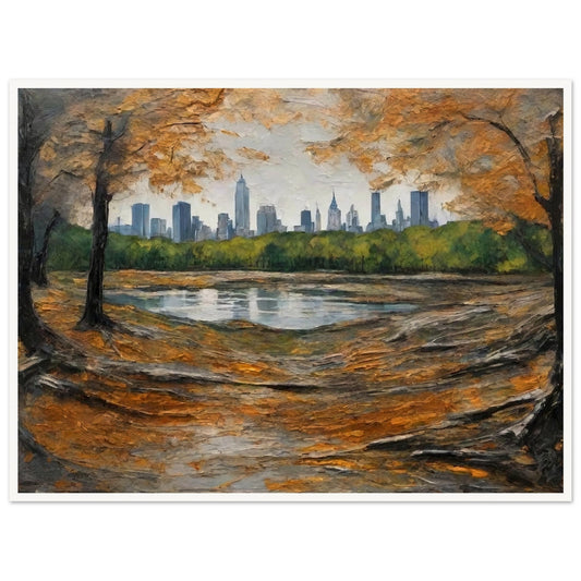 "A beautiful autumn scene with golden leaves framing a city skyline in the distance, viewed from the edge of a tranquil pond in the park."