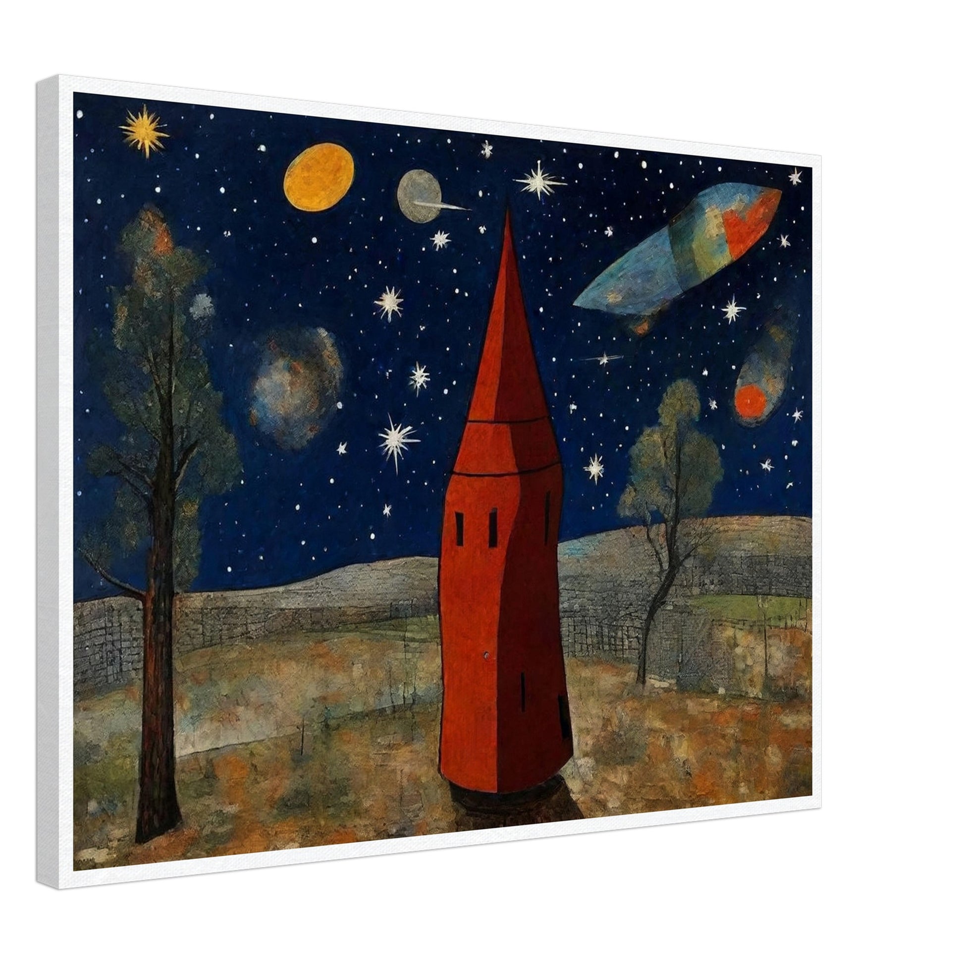 Whimsical scene of a red tower under a starry sky, with planets and a spaceship flying in a cosmic landscape surrounded by trees.