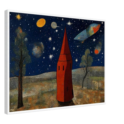 Whimsical scene of a red tower under a starry sky, with planets and a spaceship flying in a cosmic landscape surrounded by trees.