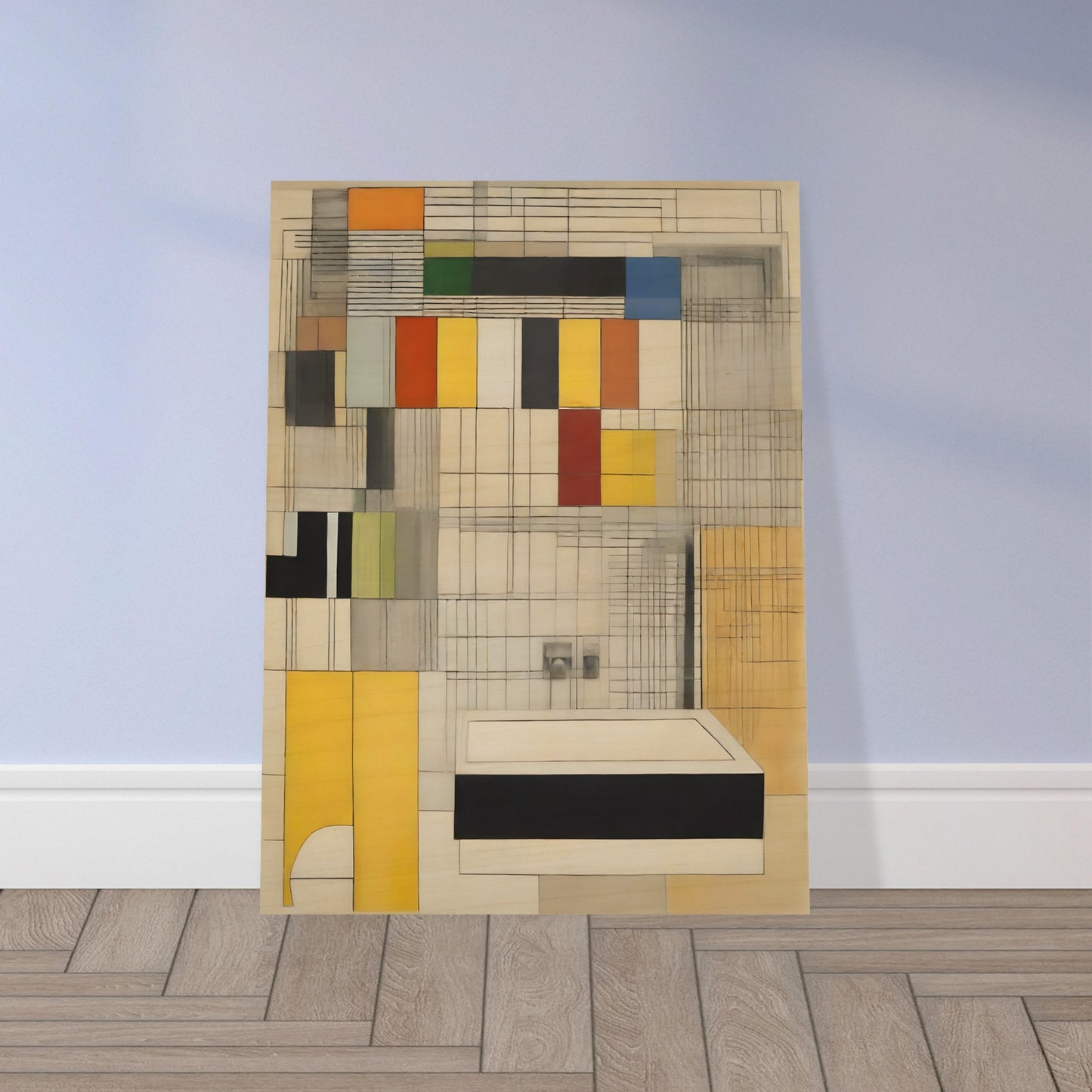 A geometric design with colorful rectangular blocks and intersecting lines, combining muted tones of yellow, red, black, and gray.