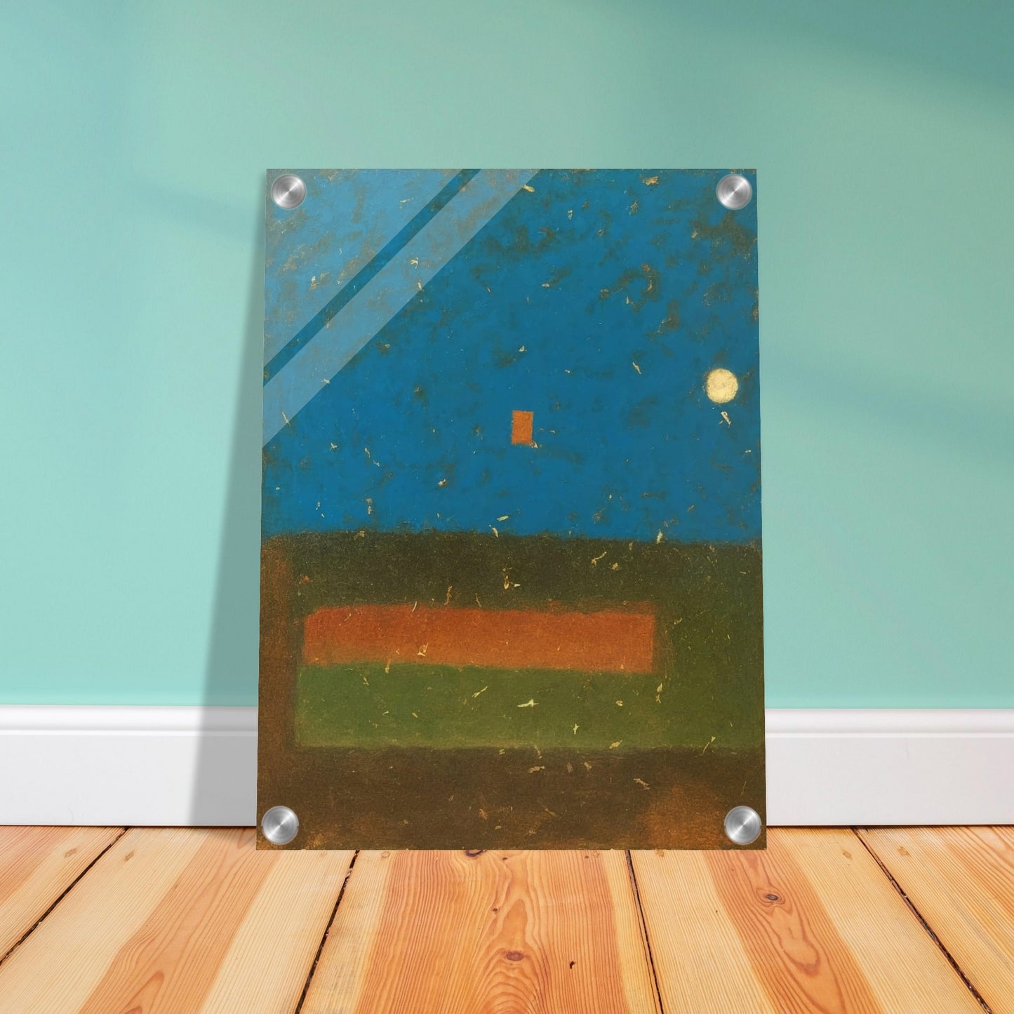 An abstract painting featuring a deep blue textured sky with a glowing moon, a red square, and earthy green and brown horizontal fields.