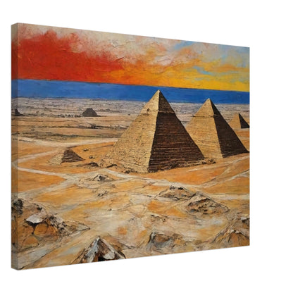 "A dramatic painting of the pyramids in Egypt, set against a vibrant sunset sky with rich shades of red, orange, and blue, highlighting the vast desert landscape."