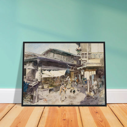 A lively Japanese street scene with shops, lantern, people, and chickens in soft watercolor.