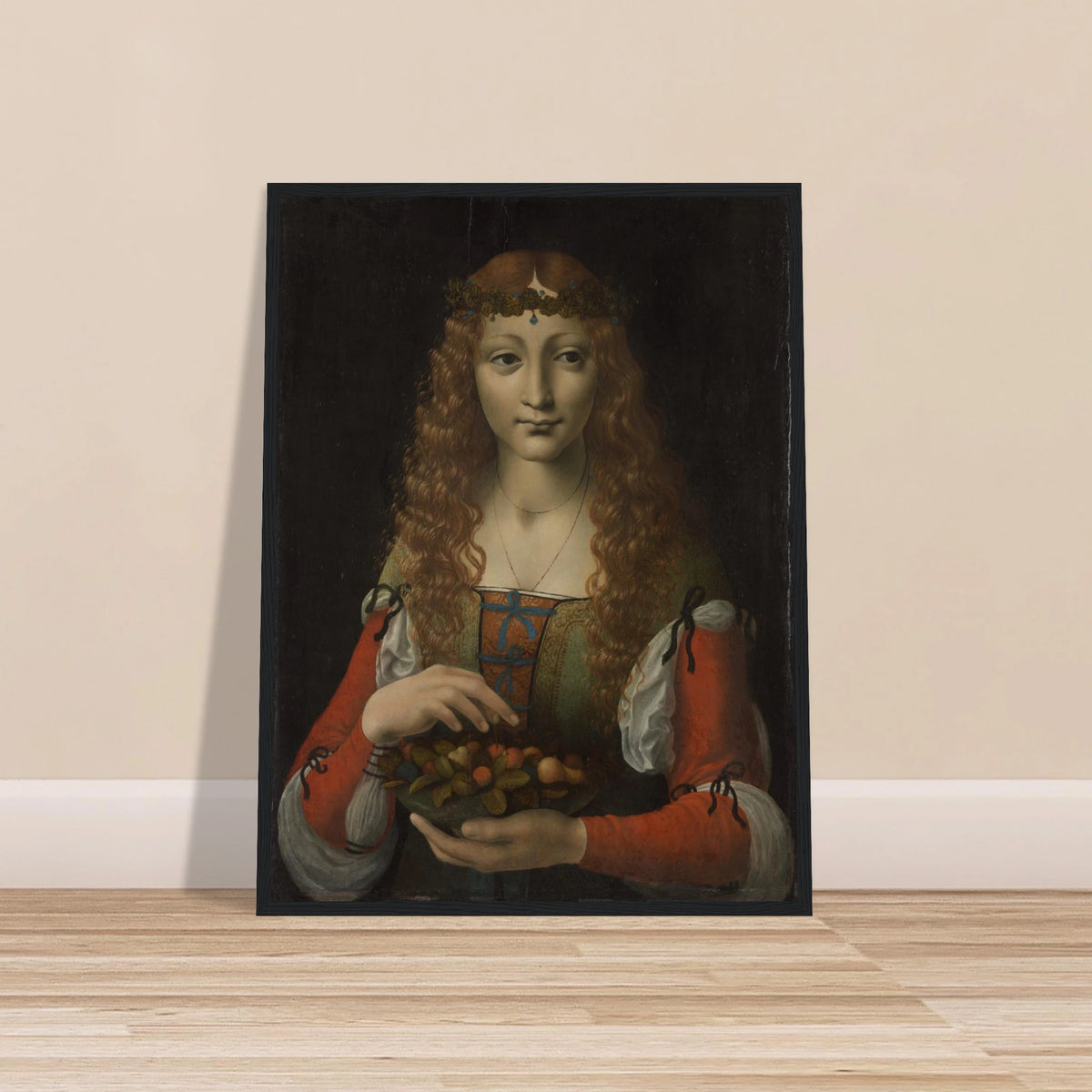 A young woman with long curls and a leafy crown holds a bowl of fruit against a dark background.