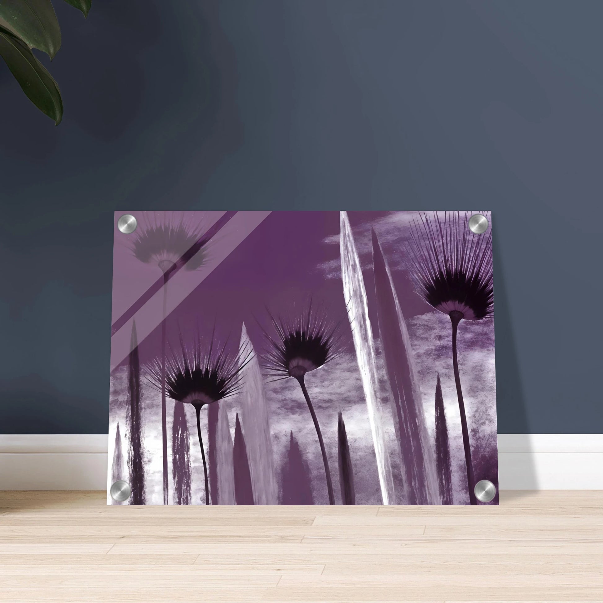 Tall spiky flowers in dark violet silhouettes reach upward against a cloudy lavender sky, evoking mystery and calm.
