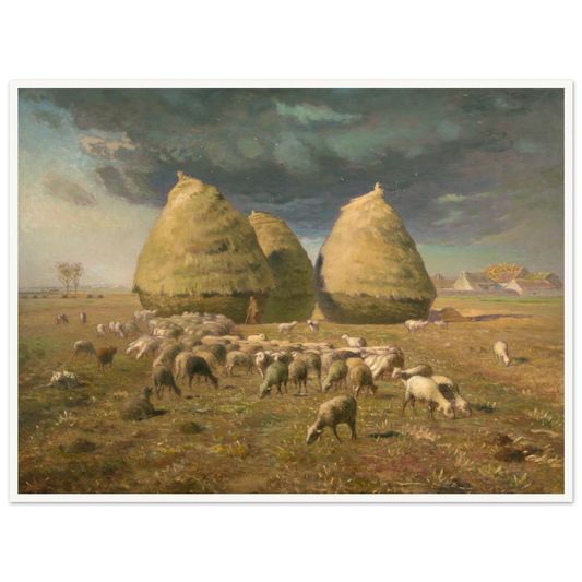 Sheep graze before three large haystacks under a moody sky in a rural autumn field.