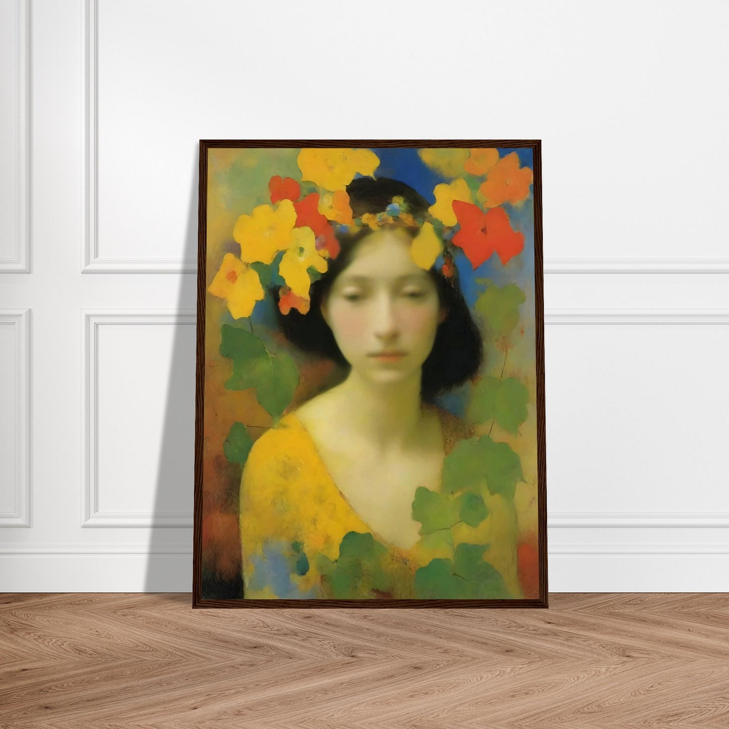 Dreamlike portrait of a serene woman adorned with a crown of yellow, orange, and red flowers, surrounded by soft greenery.