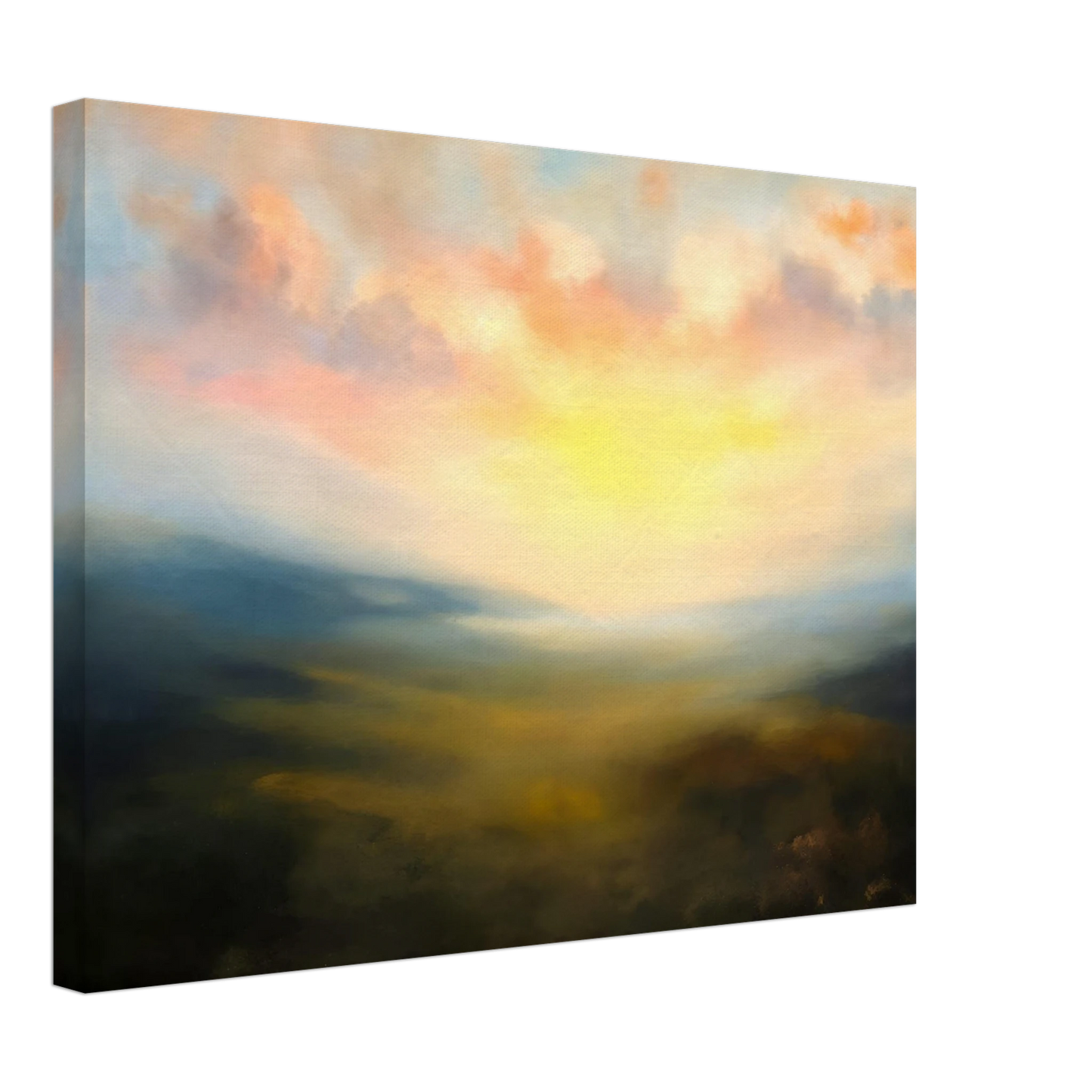 A serene atmospheric landscape featuring a glowing sunrise over mist-covered hills, with soft pink clouds and golden light spreading across a hazy valley.
