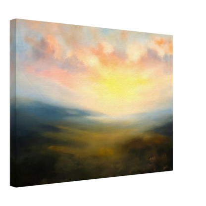 A serene atmospheric landscape featuring a glowing sunrise over mist-covered hills, with soft pink clouds and golden light spreading across a hazy valley.