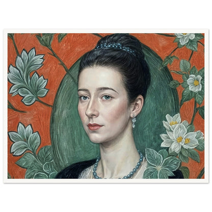 Realistic portrait of a woman with a calm expression, surrounded by intricate floral patterns in soft green and orange tones