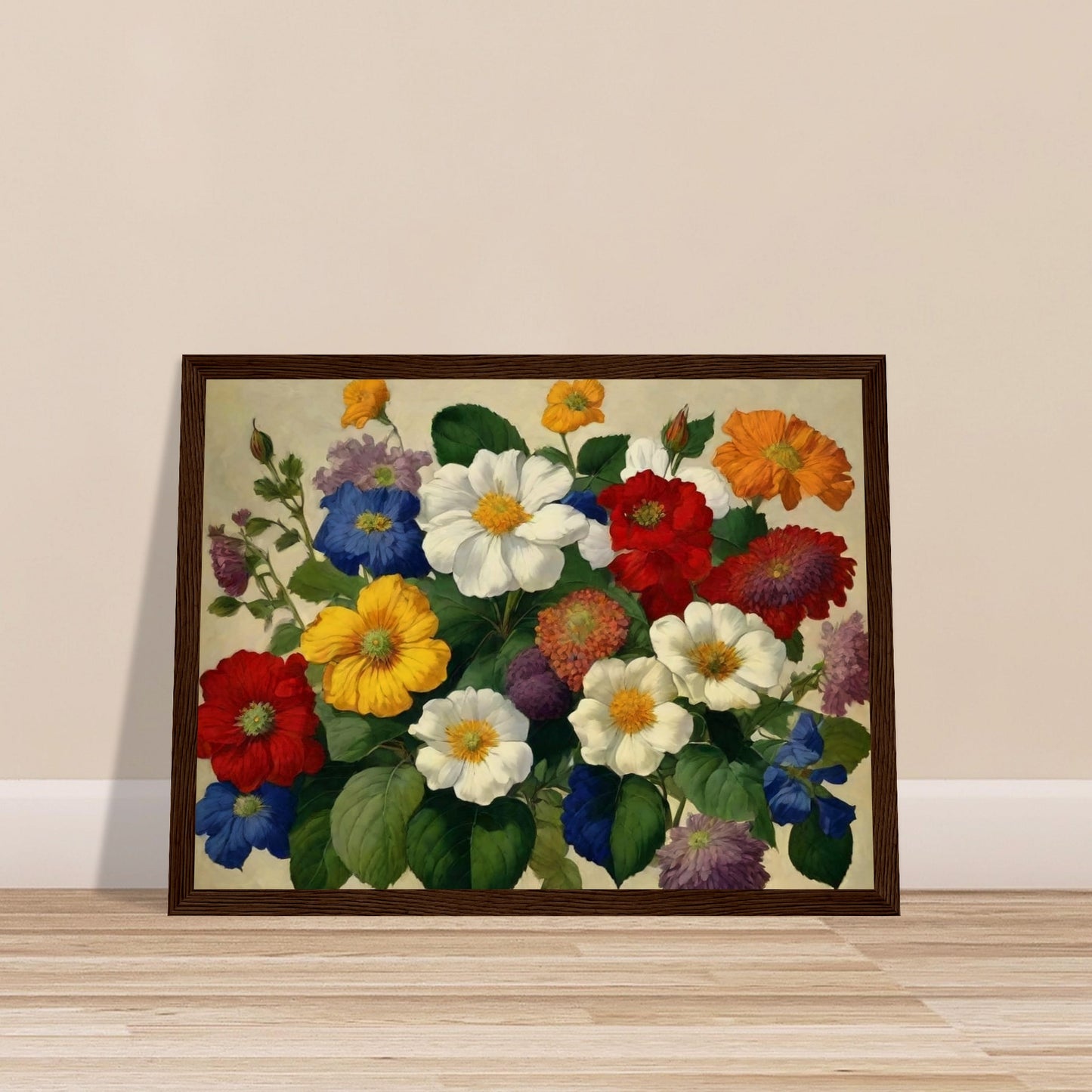 A lush bouquet of multicolored flowers with large, vibrant blooms, set against a soft, neutral background.