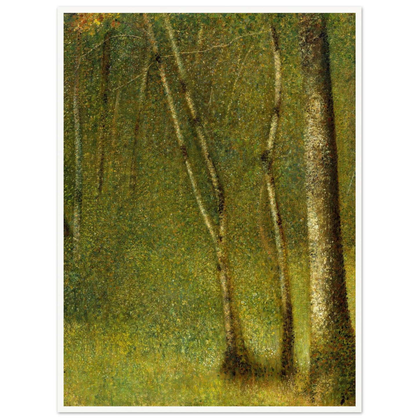Slender tree trunks rise through a green forest rendered in shimmering dotted brushwork