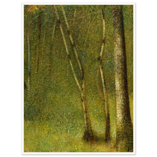 Slender tree trunks rise through a green forest rendered in shimmering dotted brushwork