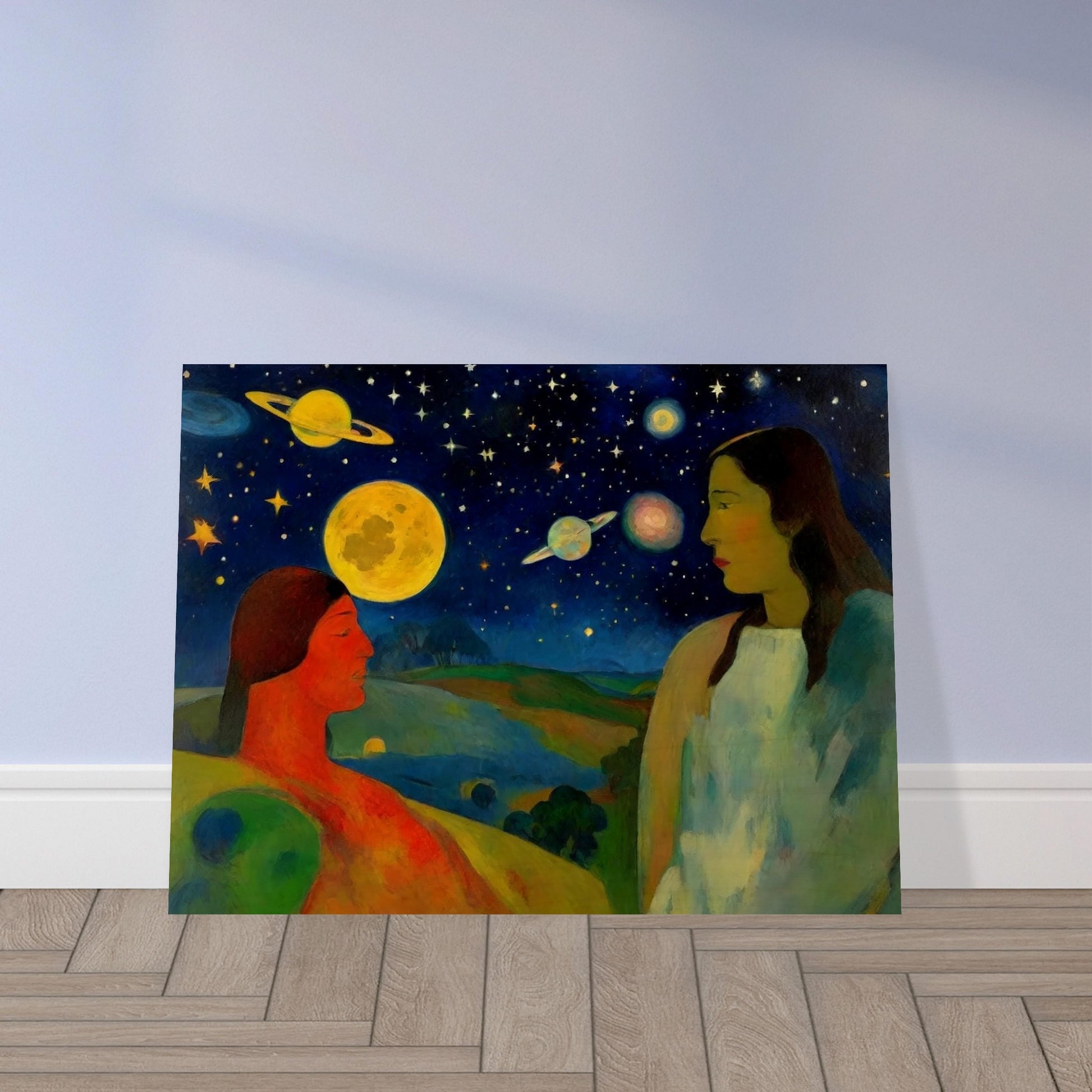 A vibrant scene of two people under a cosmic sky, featuring large planets and stars, set in an otherworldly landscape