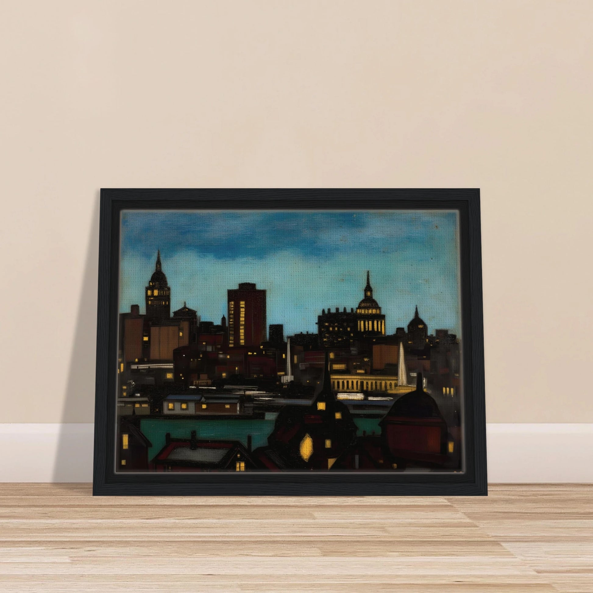 A glowing city skyline at dusk with illuminated towers, rooftops, and spires beneath a deep blue evening sky.