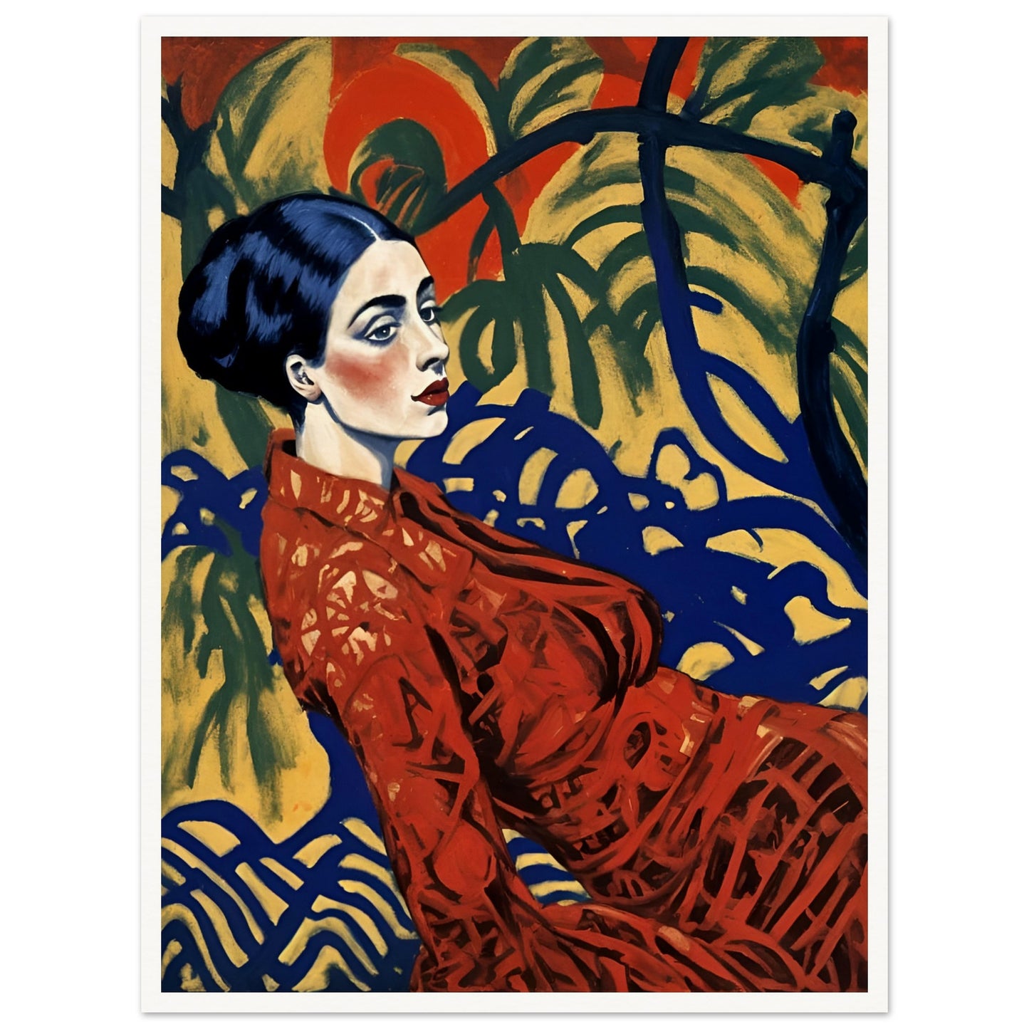 A striking portrait of a poised woman in a red lace dress, set against an expressive tropical backdrop of golden hues and deep blue.