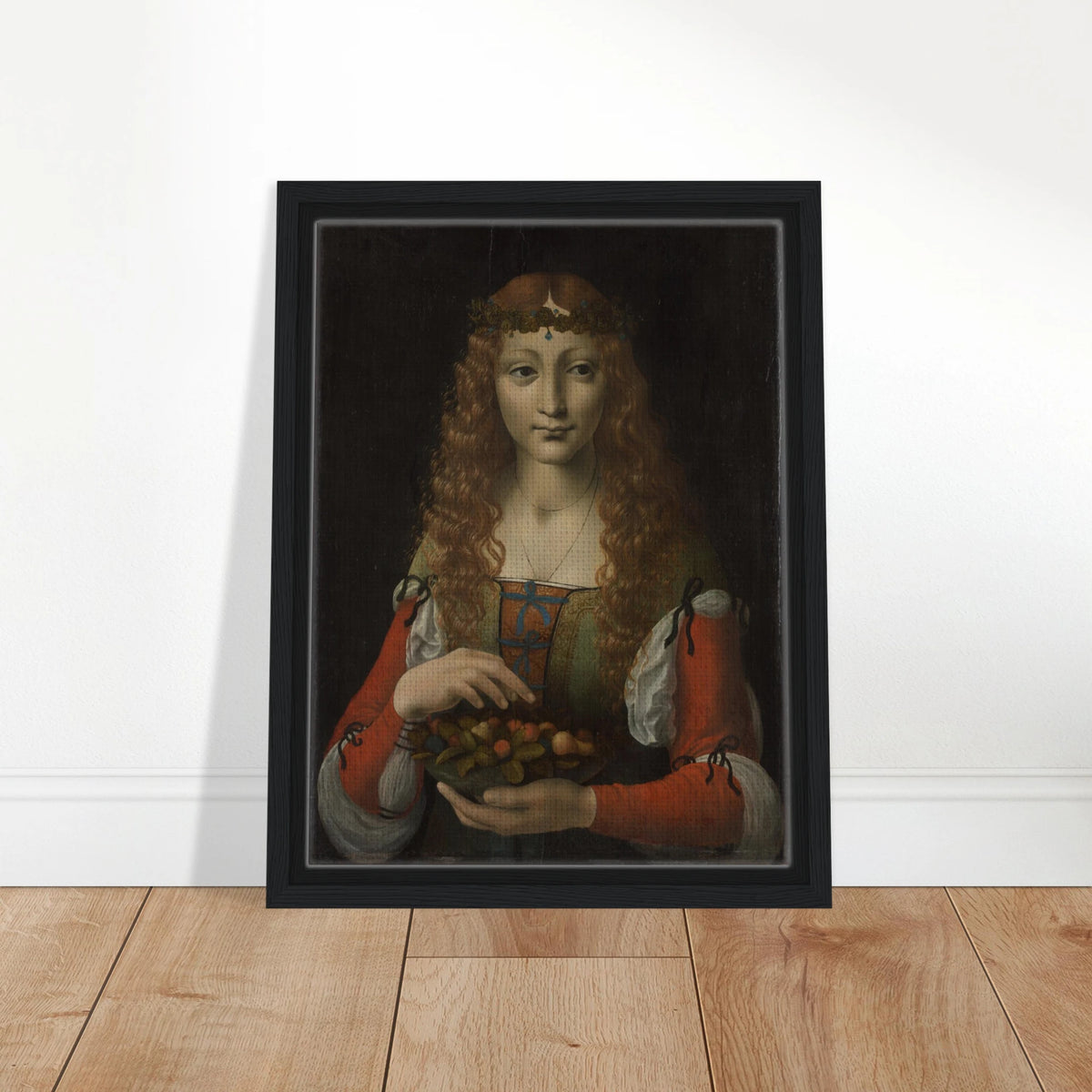 A young woman with long curls and a leafy crown holds a bowl of fruit against a dark background.