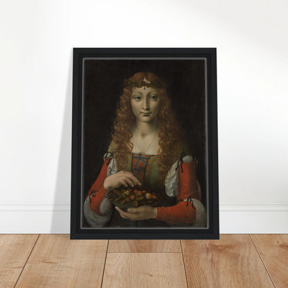 A young woman with long curls and a leafy crown holds a bowl of fruit against a dark background.