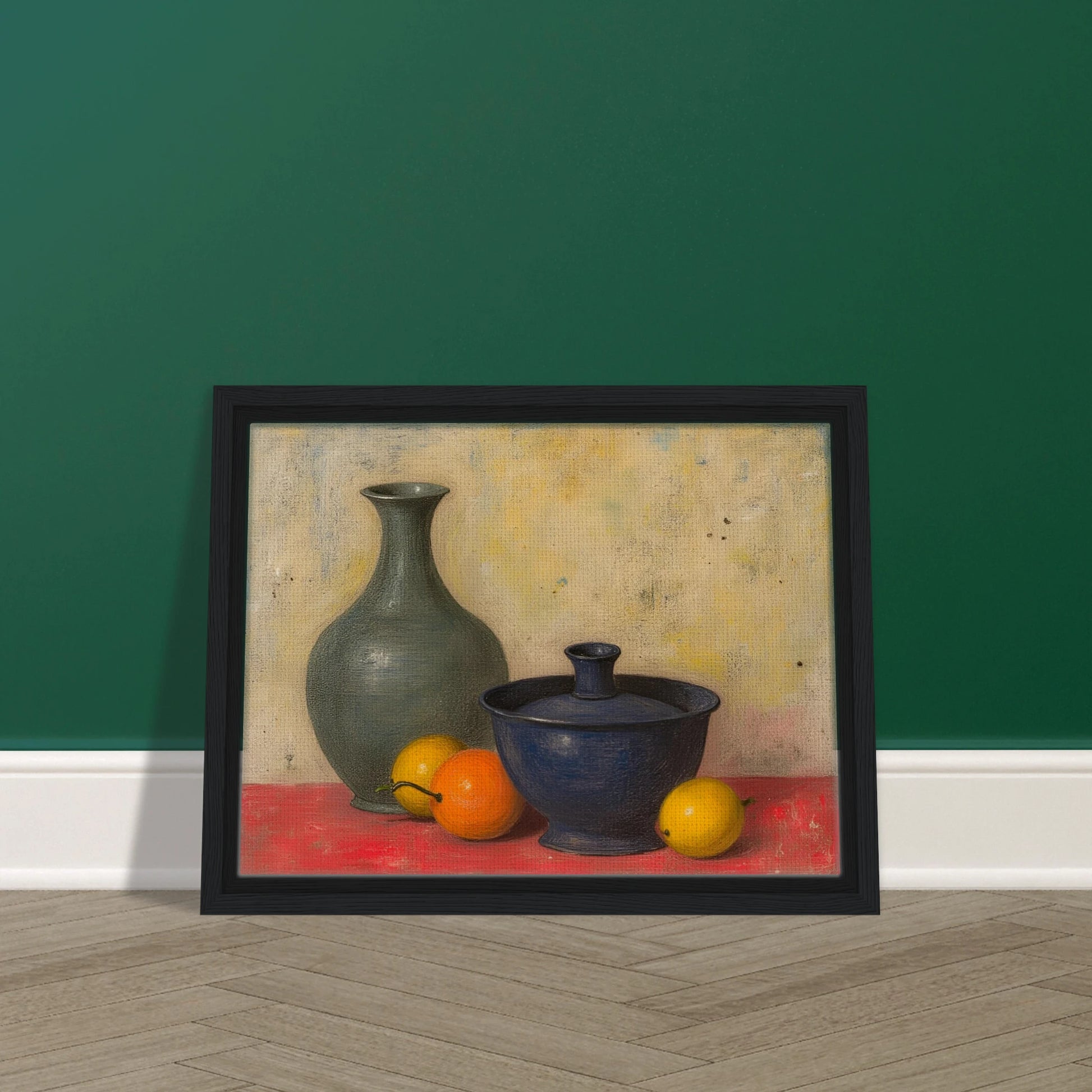 Blue and green ceramic vessels rest on a red surface beside lemons and an orange, against a softly textured neutral wall.