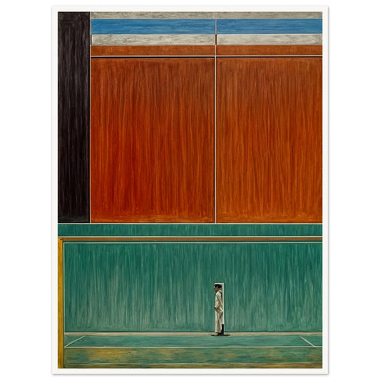 A minimalist painting depicting a solitary figure standing in front of large abstract color blocks.