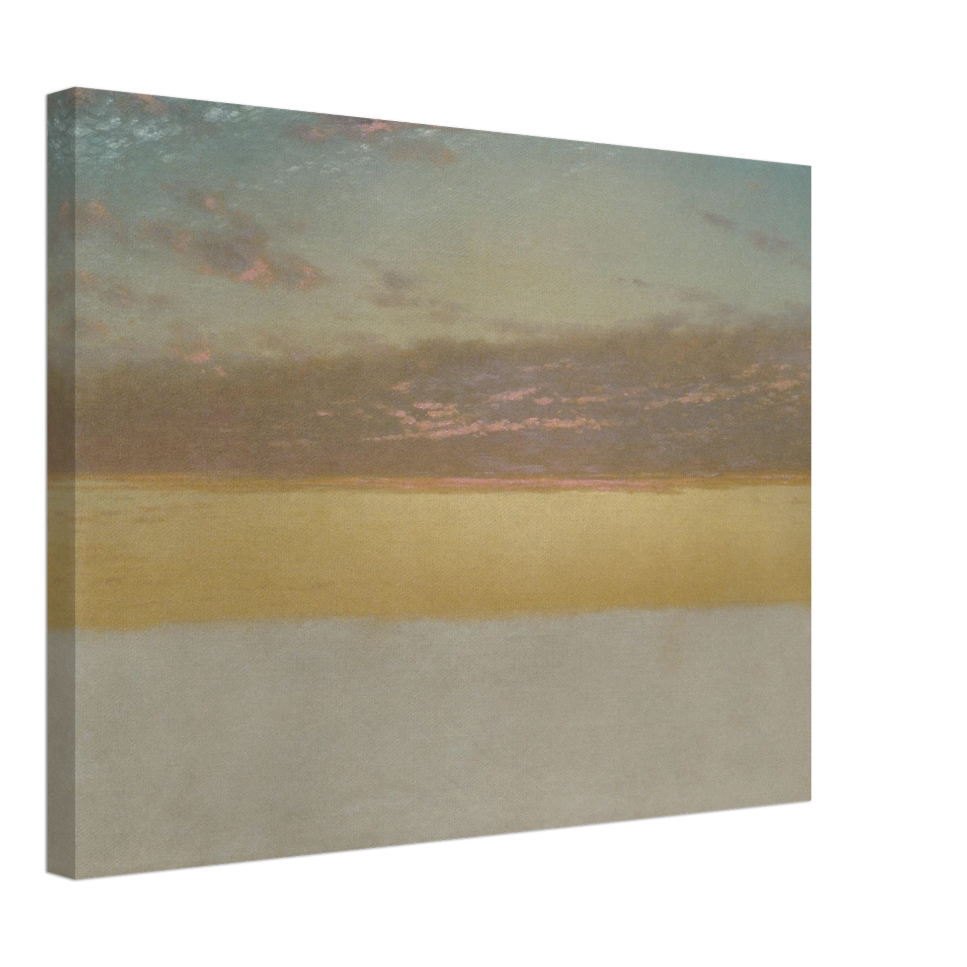 Soft sunset over calm sea with yellow horizon, blue sky, and pink clouds