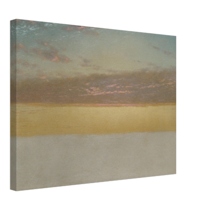 Soft sunset over calm sea with yellow horizon, blue sky, and pink clouds