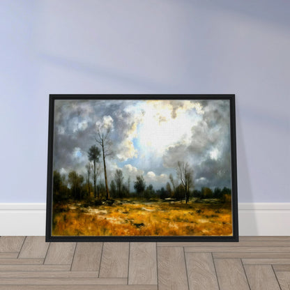 A dramatic meadow of golden grasses beneath towering storm clouds, where bright sunlight pierces through over sparse trees.