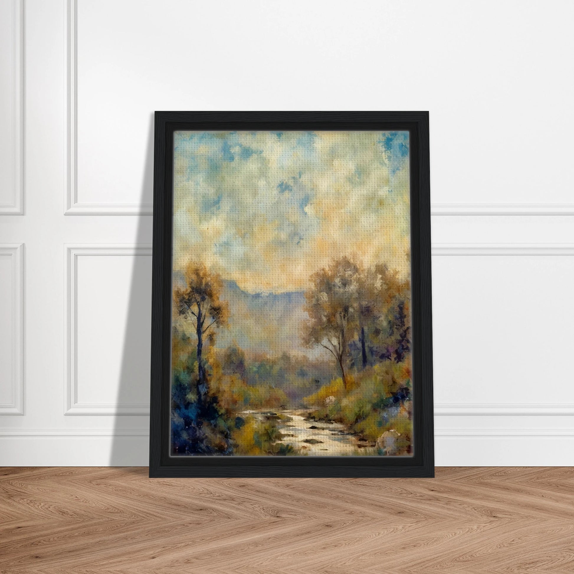 A misty river winds through a sun-dappled forest with soft blue mountains and cloudy skies in the distance.