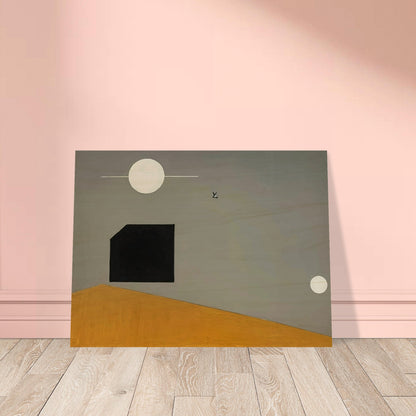 Abstract minimalist painting with geometric shapes against a gradient background, featuring a black square and two white circles.