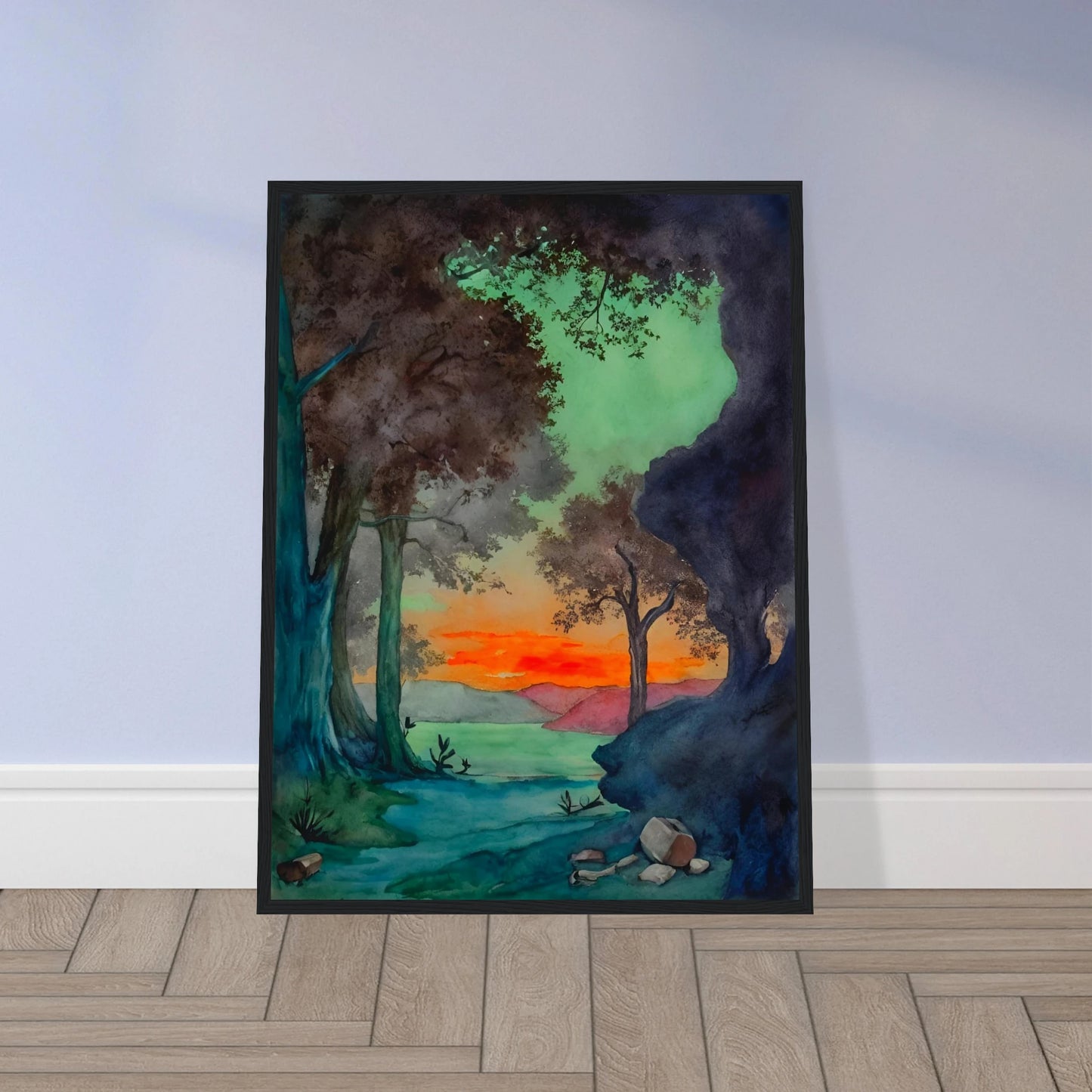 Sunset glows behind a forest clearing and mountain lake, framed by dark trees and vivid green and blue shadows.