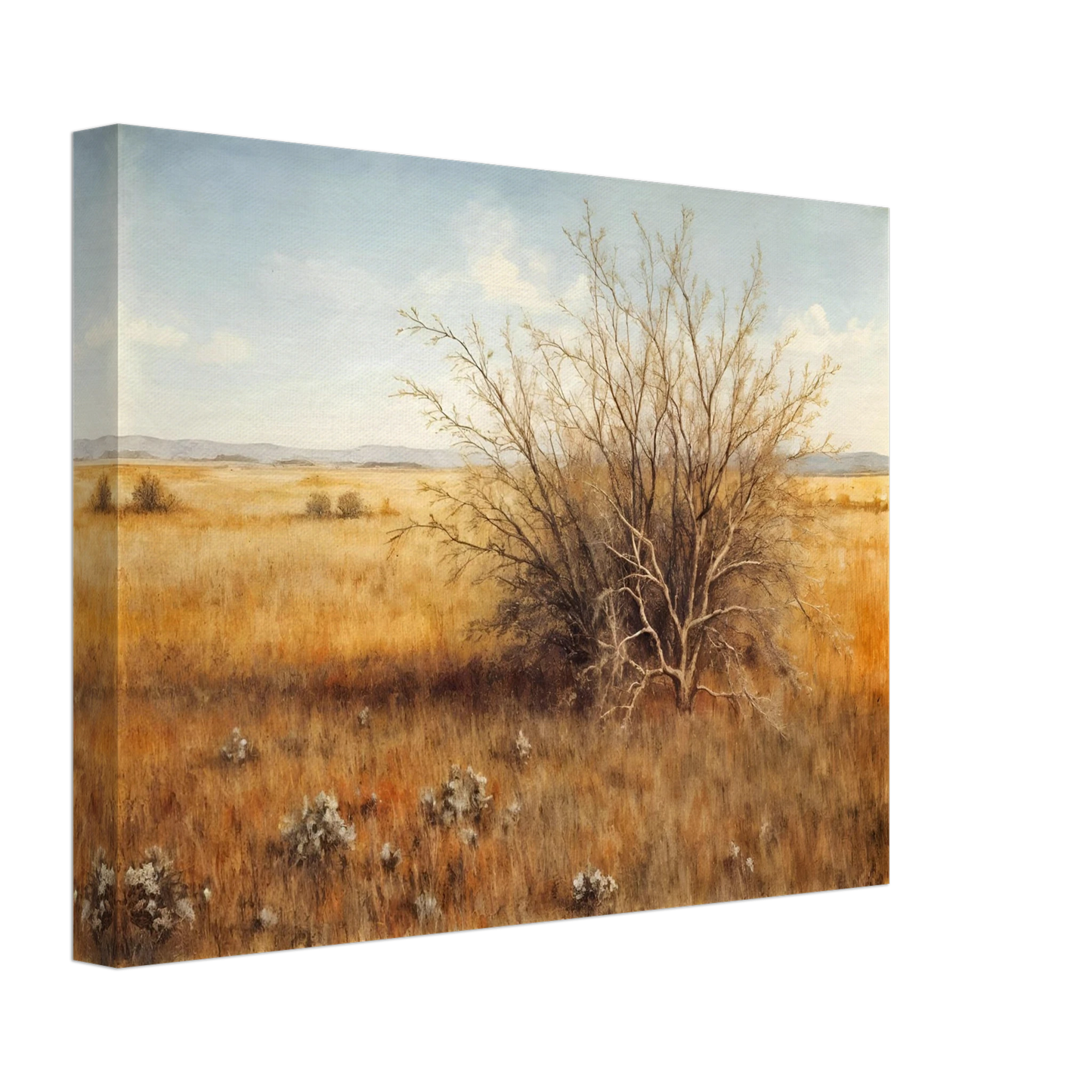 A golden-brown field stretches into the distance under a pale blue sky, with a single dry bush standing in quiet solitude.