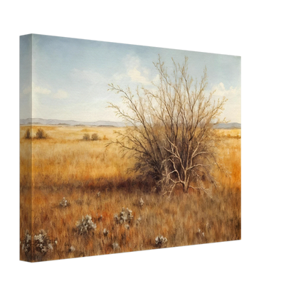 A golden-brown field stretches into the distance under a pale blue sky, with a single dry bush standing in quiet solitude.