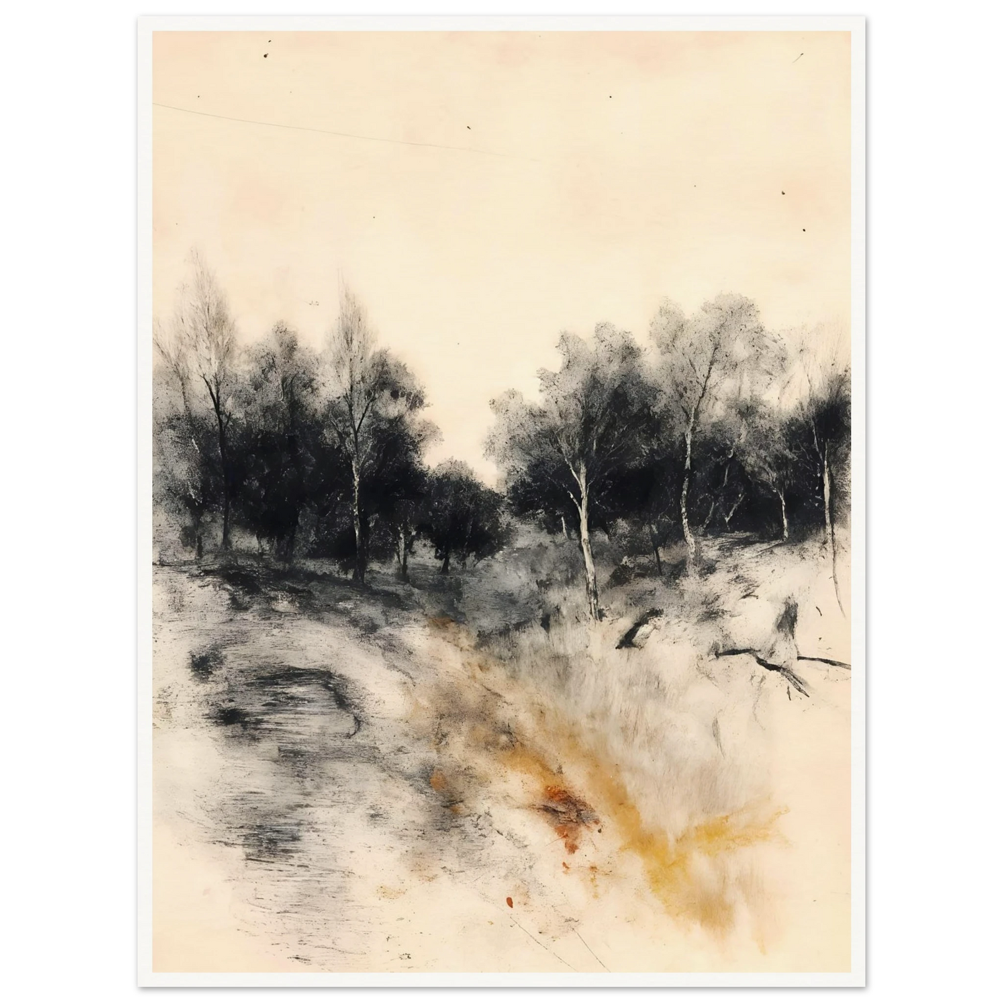 Muted woodland path with dark trees, soft sky, and warm ochre grasses in a quiet portrait scene.