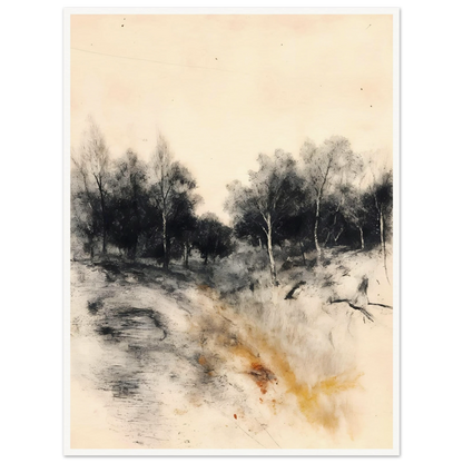 Muted woodland path with dark trees, soft sky, and warm ochre grasses in a quiet portrait scene.