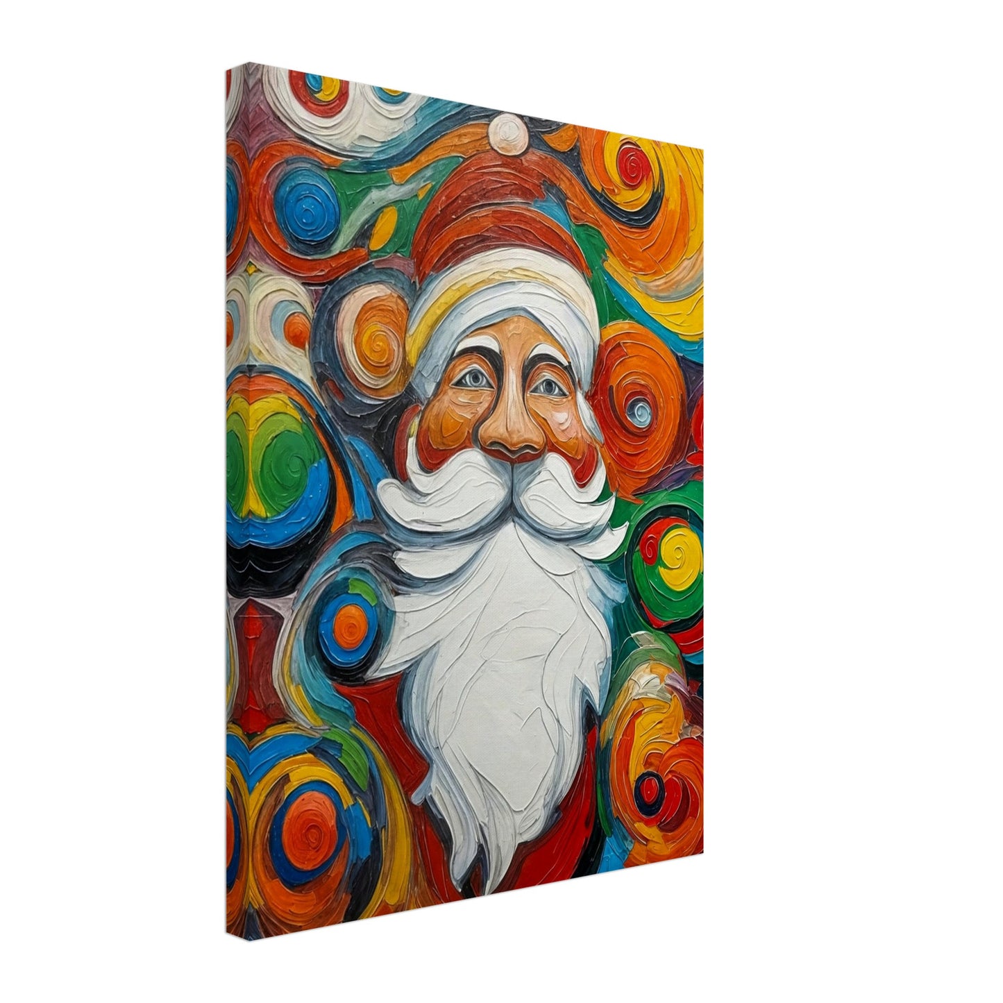 A vibrant and whimsical painting of Santa Claus surrounded by colorful swirling patterns, evoking a cheerful holiday spirit.