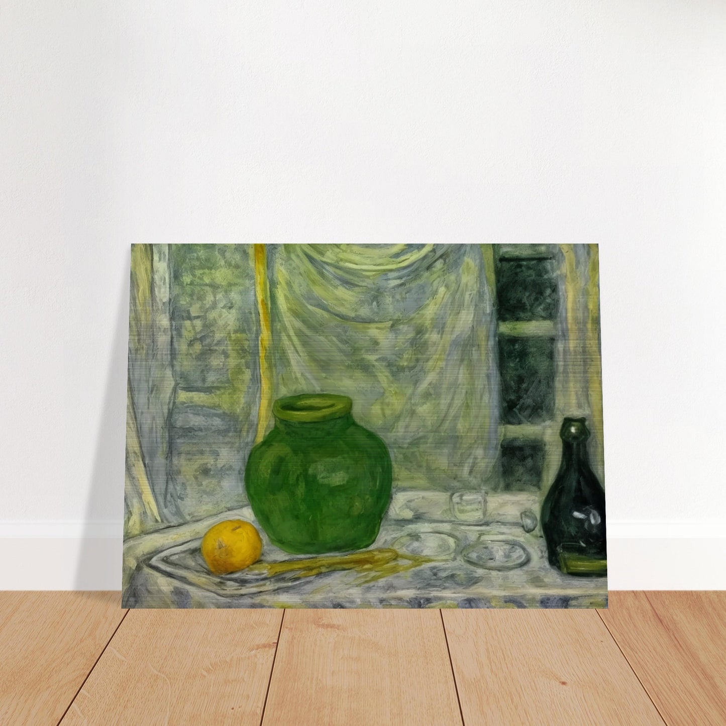 A still life painting featuring a green vase and bottle, alongside an orange on a draped table, set against a softly textured background.