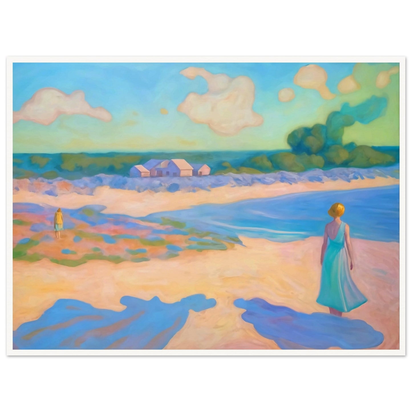 A serene coastal scene with a woman in a flowing dress walking along the beach, pastel hues creating a peaceful atmosphere.