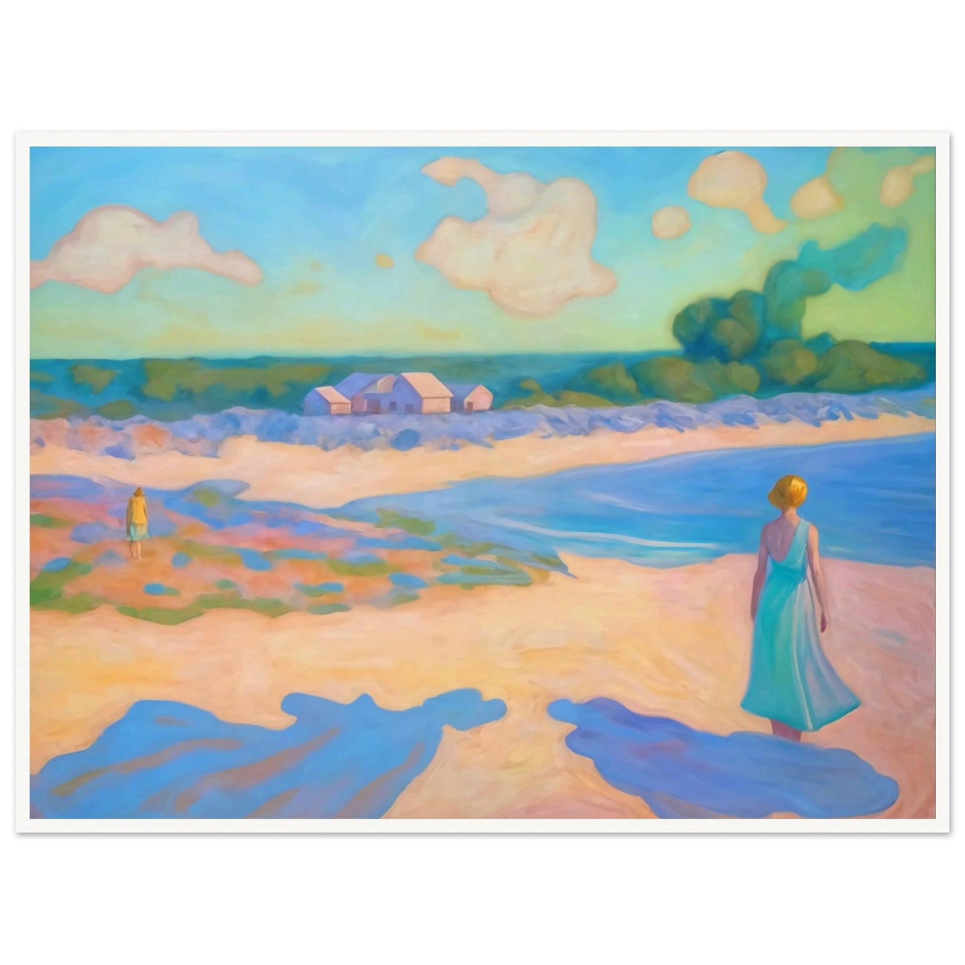 A serene coastal scene with a woman in a flowing dress walking along the beach, pastel hues creating a peaceful atmosphere.