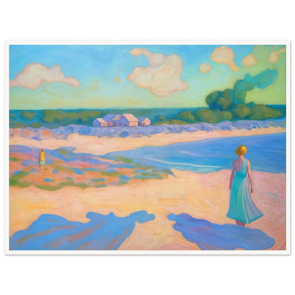 A serene coastal scene with a woman in a flowing dress walking along the beach, pastel hues creating a peaceful atmosphere.