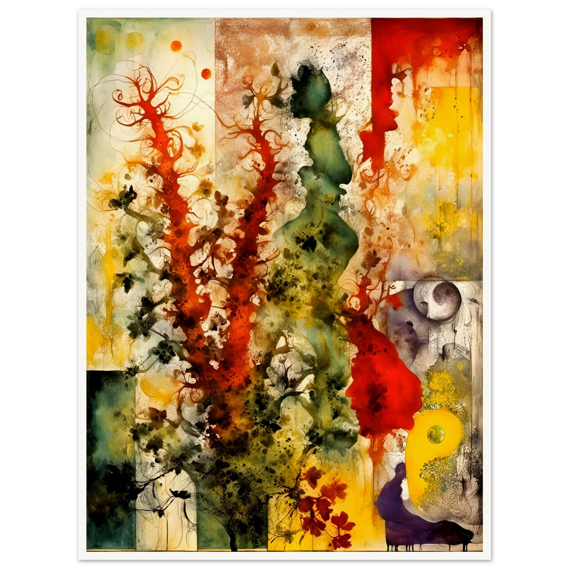 Vivid bursts of red, green, and yellow flow across abstract silhouettes and flora in a dreamlike, nature-inspired composition.
