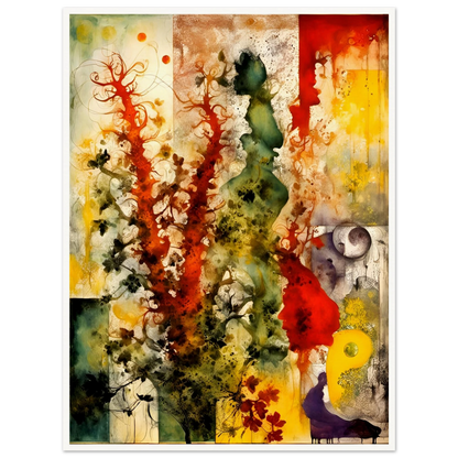 Vivid bursts of red, green, and yellow flow across abstract silhouettes and flora in a dreamlike, nature-inspired composition.