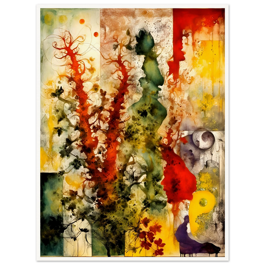 Vivid bursts of red, green, and yellow flow across abstract silhouettes and flora in a dreamlike, nature-inspired composition.