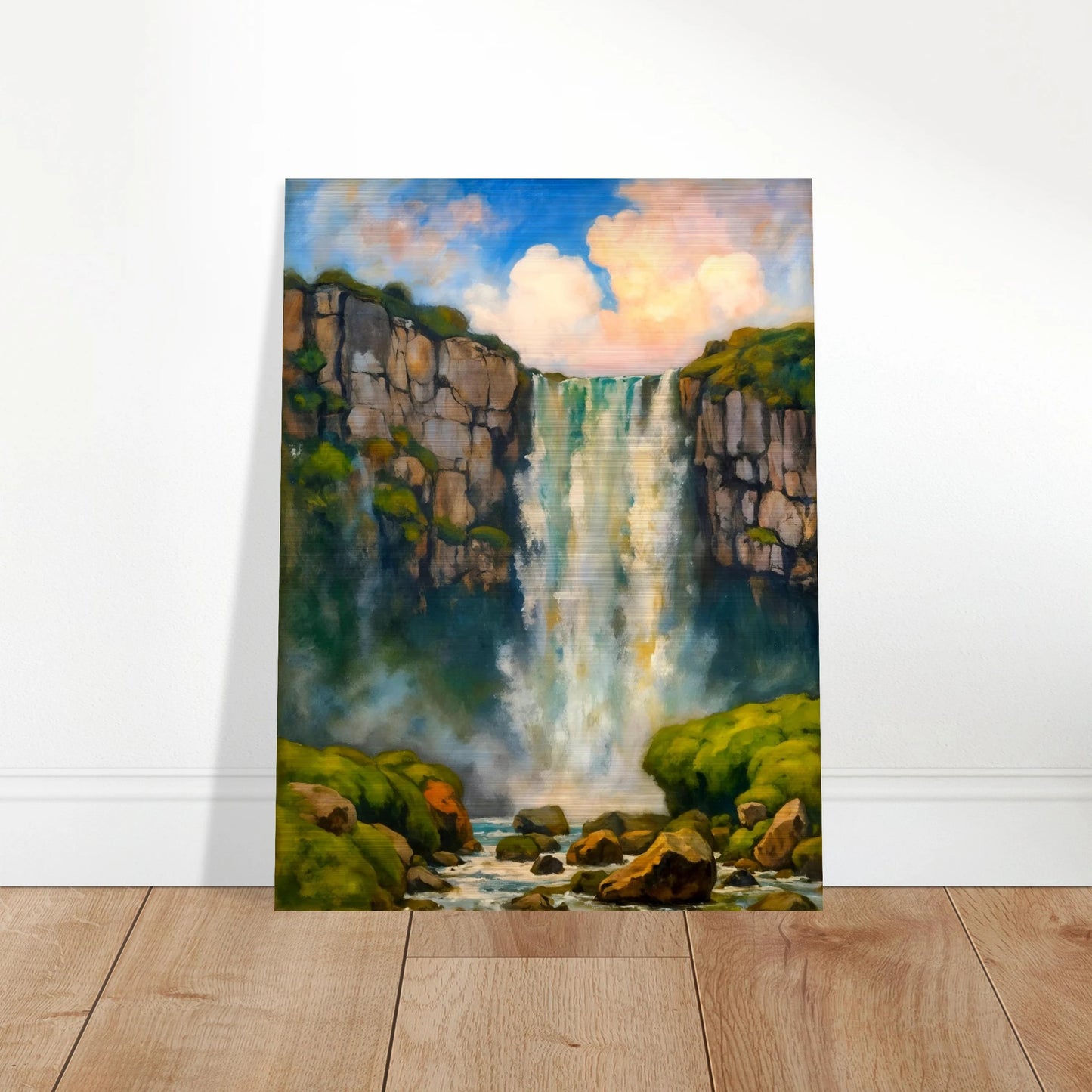 A majestic waterfall plunges between rocky cliffs into misty waters below, framed by lush green moss and glowing skies.